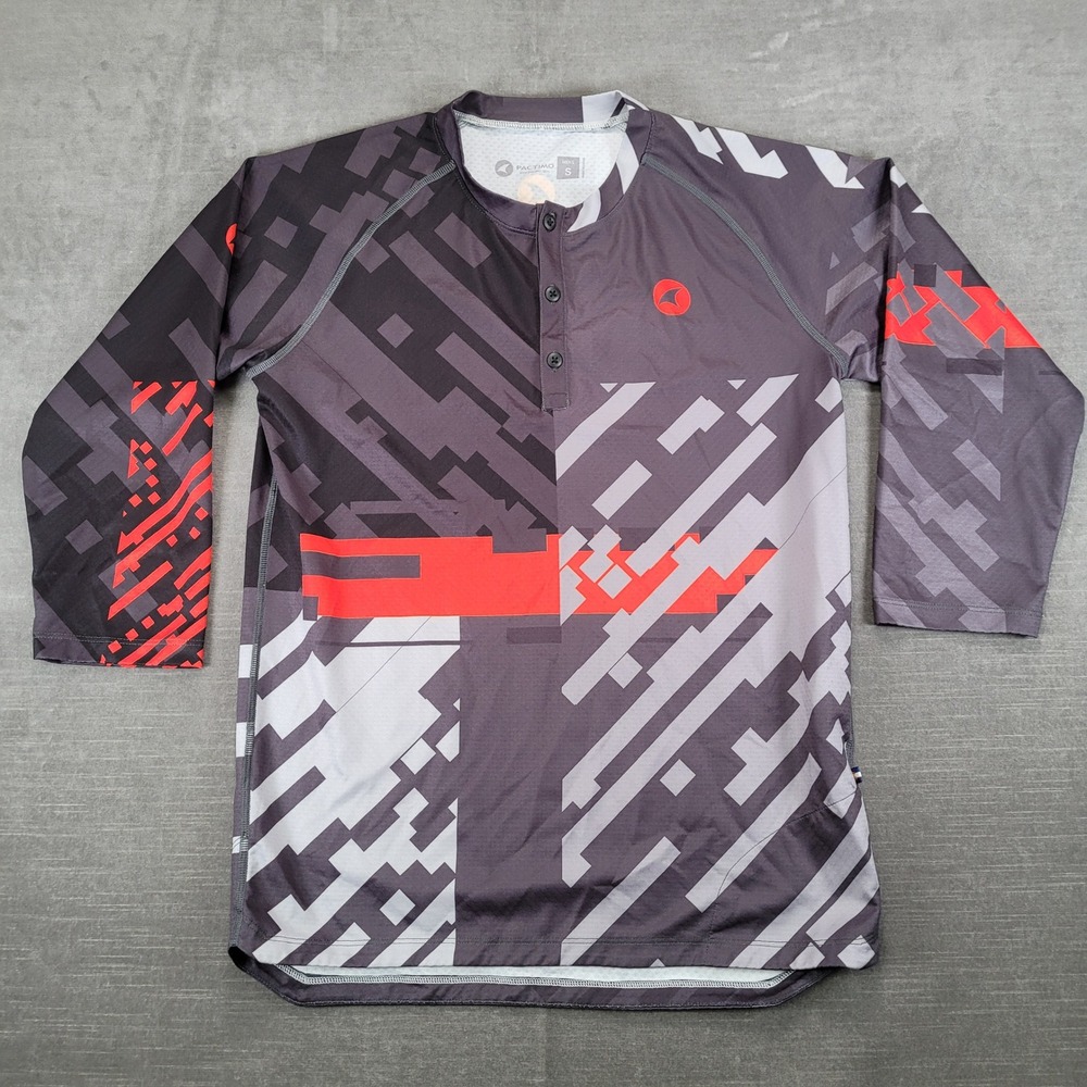 Pactimo Mens Small 3/4 Sleeve Mountain‎ Bike Jersey Gray Red Geometric Graphic